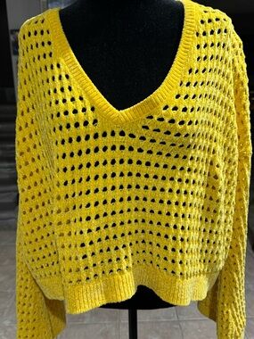 Express!!!!!!! Bright Yellow Open-Knit V-Neck Sweater